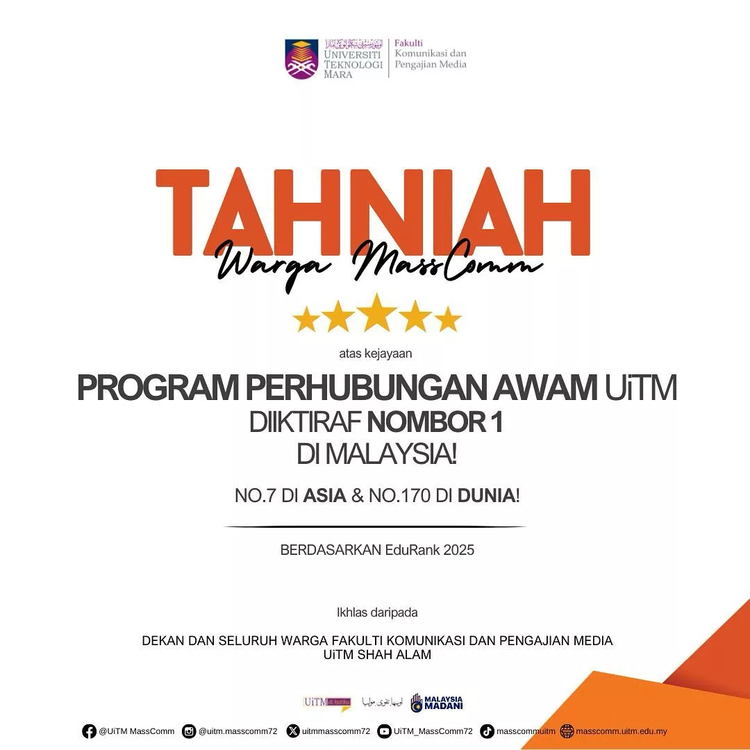 MassComm UiTM Dinobat Fakulti No.1 Terbaik Di Malaysia, Raih Kedudukan Ke-7 Di Asia