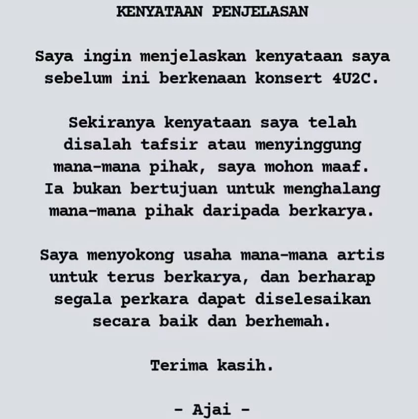 "Saya Mohon Maaf..." - Netizen Puji Tindakan 'Gentleman' Ajai Selepas Sidang Media 4U2C 4 “Saya Mohon Maaf…” – Netizen Puji Tindakan ‘Gentleman’ Ajai Selepas Sidang Media 4U2C