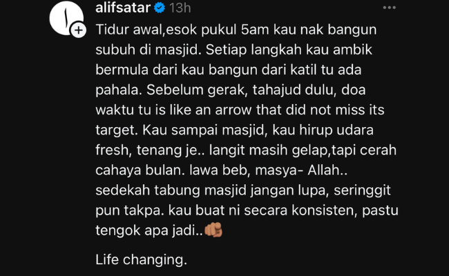 ‘Tidur Awal, Subuh Di Masjid…’ – Alif Satar Kongsi Rutin Pagi Bawa Ketenangan Hidup