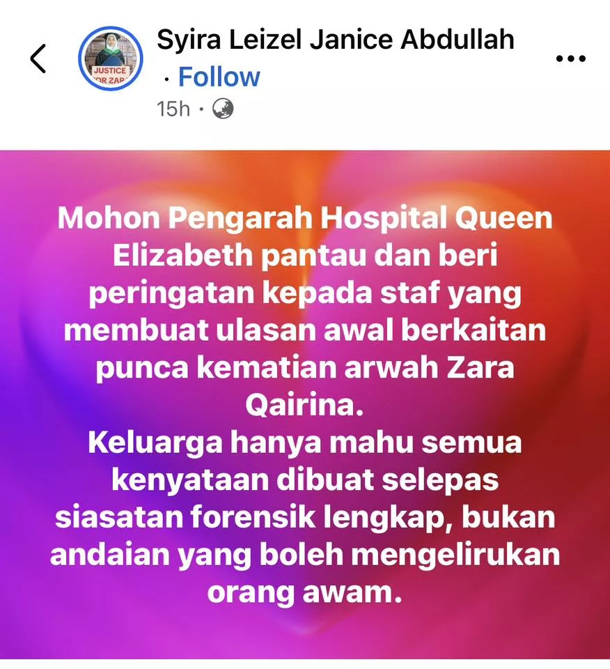 “Memang Dia Terjun Sendiri” – Keluarga Zara Qairina Bakal Saman Doktor Gara-Gara Kenyataan Melulu 13 “Memang Dia Terjun Sendiri” – Keluarga Zara Qairina Bakal Saman Doktor Gara-Gara Kenyataan Melulu