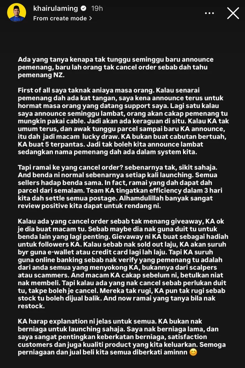 Tak Menang Trip Ke New Zealand, Khairul Aming Tampil Tenang Walaupun Pelanggan ‘Cancel’ Order