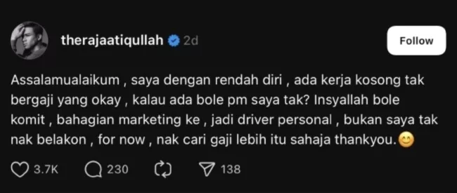 Atiq Azman Cari Kerja Sambilan, Mahu Tambah Pendapatan Sampingan