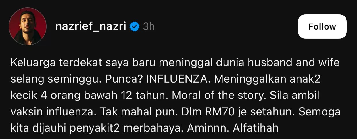 Nazrief Nazri Seru Masyarakat Ambil Vaksin Influenza Selepas Kehilangan Keluarga Terdekat