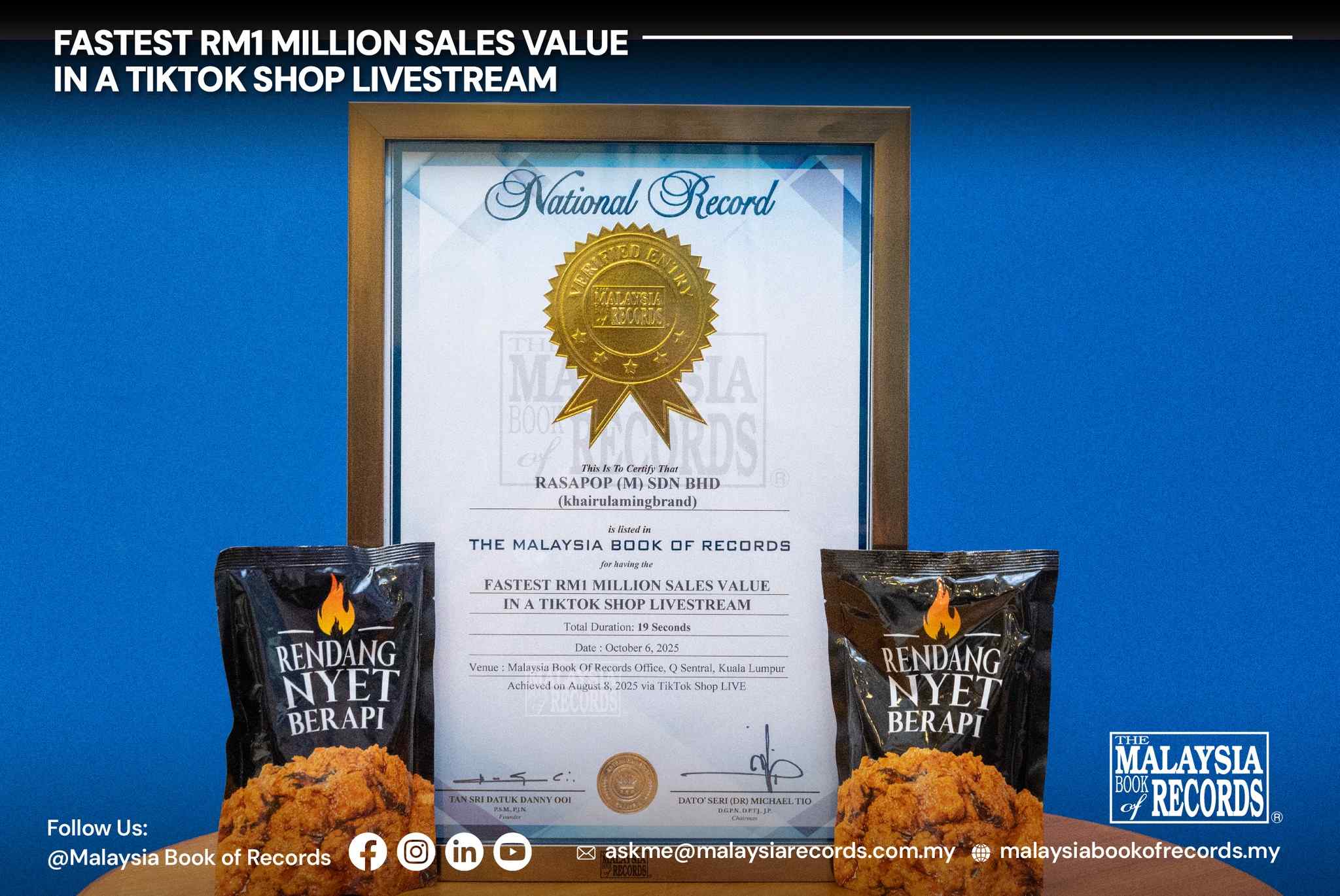 Khairul Aming Pecah Rekod ‘Malaysia Book of Records’! Jualan Rendang Nyet Berapi Laris RM1 Juta Dalam 19 Saat