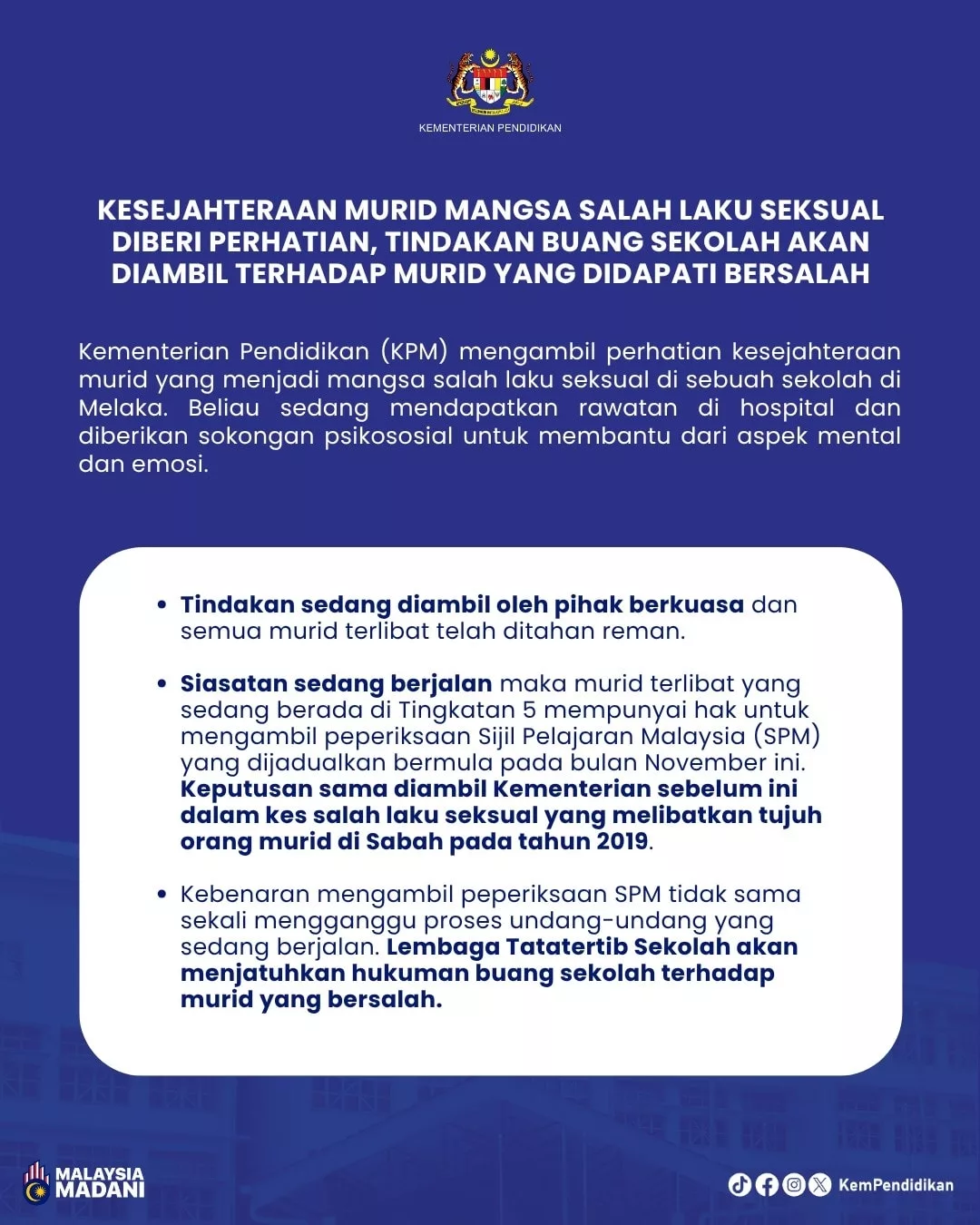 Kes Rogol Pelajar: Netizen Luah Rasa Tidak Puas Hati, Persoal Keputusan KPM Benarkan Empat Pelajar Tertuduh Duduki SPM