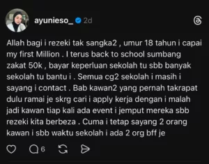 Ayunie Osman Raih Sejuta Pertama Usia 18 Tahun, Derma RM50,000 Kepada Sekolah Inspirasi Anak Muda Berjaya