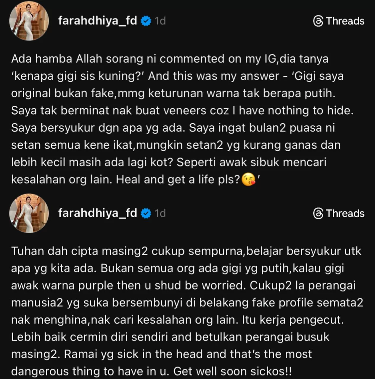 "Gigi Saya Original Bukan Fake" Dipersoal Warna Gigi, Farahdhiya 'Sound' Balik Netizen Dengan Jawapan Padu! 7 “Gigi Saya Original Bukan Fake” Dipersoal Warna Gigi, Farahdhiya ‘Sound’ Balik Netizen Dengan Jawapan Padu!