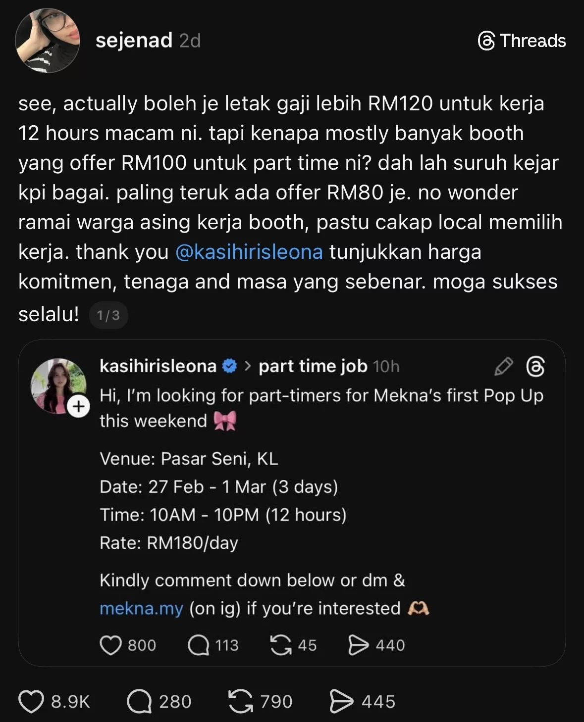 “Terima Kasih Leona!” -Tawar Gaji ‘Part Time’ RM180 Sehari, Netizen Puji Hargai Tenaga Pekerja 7 “Terima Kasih Leona!” -Tawar Gaji ‘Part Time’ RM180 Sehari, Netizen Puji Hargai Tenaga Pekerja