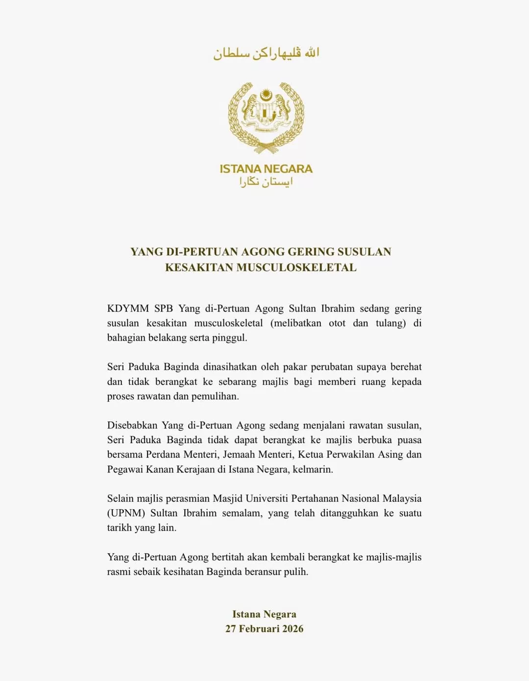 Yang di-Pertuan Agong Gering Akibat Kesakitan Otot & Tulang, Istana Negara Sahkan Baginda Sedang Berehat 6 Yang di-Pertuan Agong Gering Akibat Kesakitan Otot & Tulang, Istana Negara Sahkan Baginda Sedang Berehat