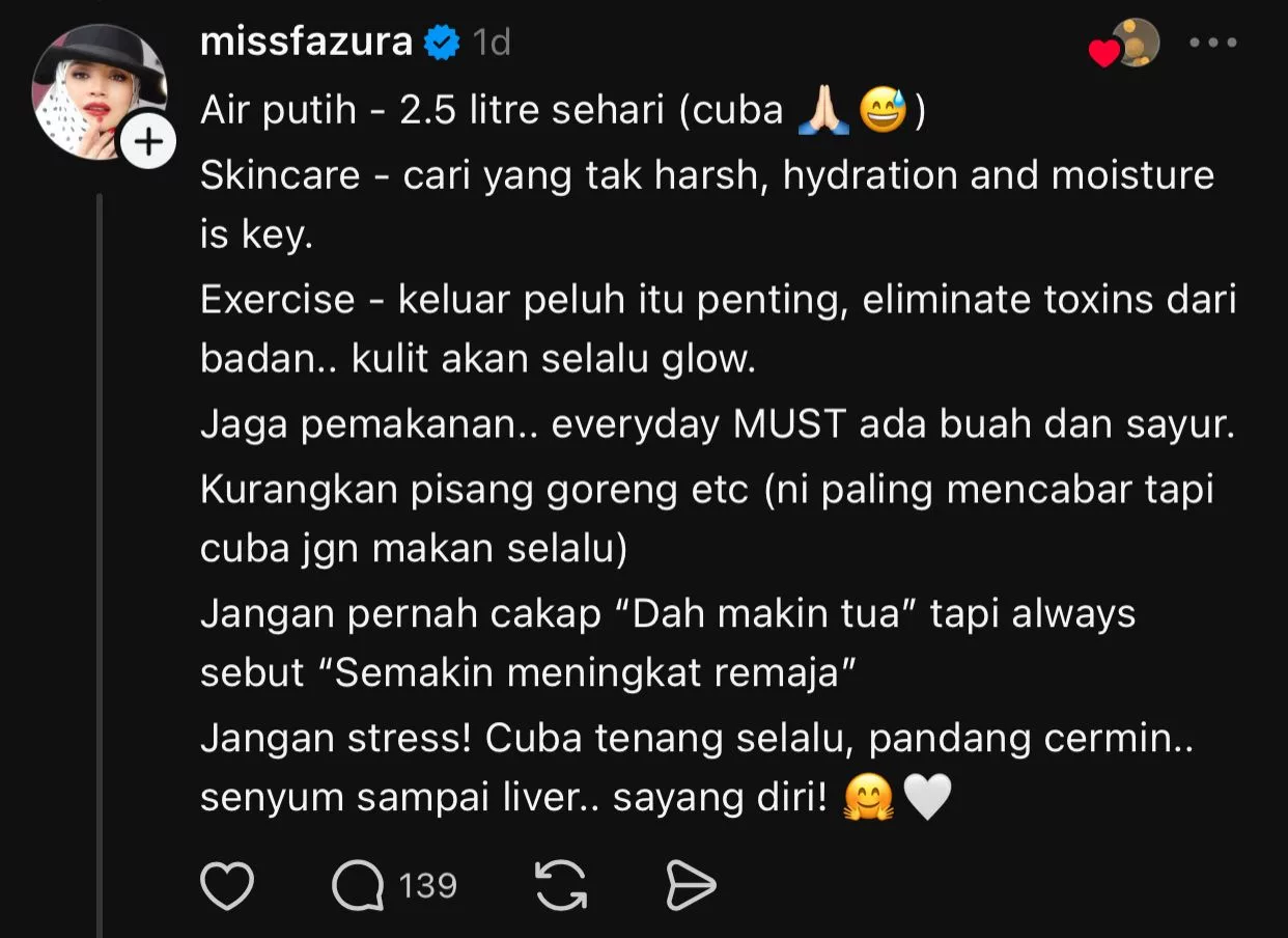 “Jangan Pernah Cakap Makin Tua Tapi…” Fazura Dedah ‘Self-Love’ & Fikiran Positif Sebagai Rahsia Kecantikan