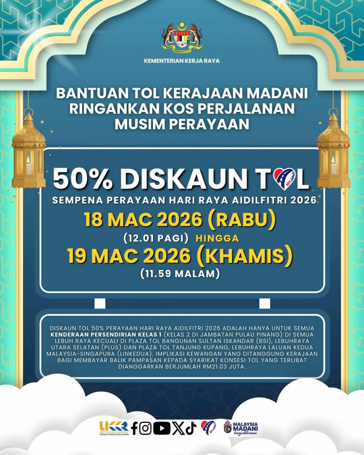 Diskaun Tol Hari Raya Aidilfitri 50 Peratus Pada 18 & 19 Mac