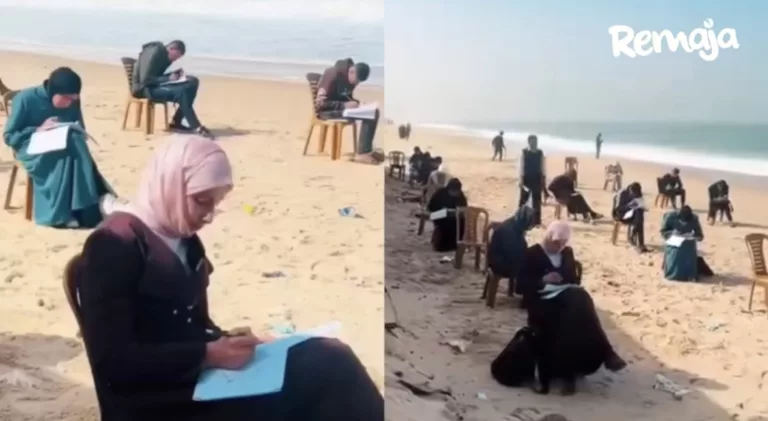 Walau Sekolah Musnah, Pelajar Gaza Tetap Duduki Peperiksaan Di Tepi Pantai