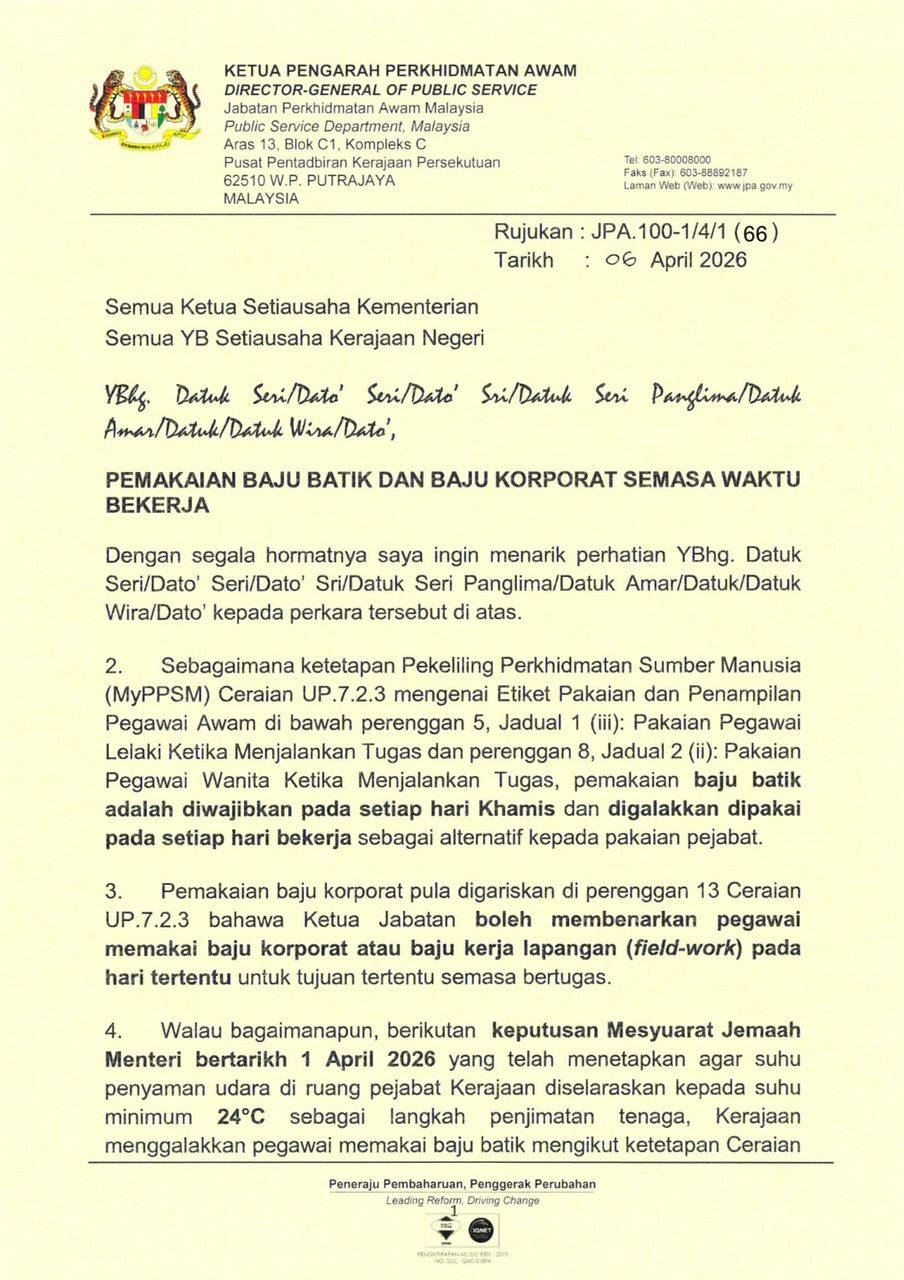 Penjawat Awam Digalakkan Pakai Batik Setiap Hari, Sokong Usaha Jimat Tenaga Di Bangunan Kerajaan 7 Penjawat Awam Digalakkan Pakai Batik Setiap Hari, Sokong Usaha Jimat Tenaga Di Bangunan Kerajaan