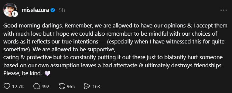 “Please Be Kind” Fazura Ingatkan Netizen Tentang Adab Bersuara Di Media Sosial 6 “Please Be Kind” Fazura Ingatkan Netizen Tentang Adab Bersuara Di Media Sosial