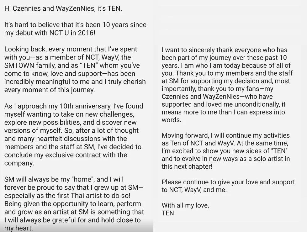Ten Tinggalkan SM Entertainment, Kekal Aktif Bersama NCT & WayV