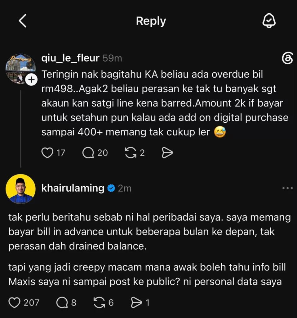 Khairul Aming Tegur Individu Dedah Maklumat Bil Telefon Di Threads, Netizen Anggap Tindakan Itu Melampau 3 Khairul Aming Tegur Individu Dedah Maklumat Bil Telefon Di Threads, Netizen Anggap Tindakan Itu Melampau
