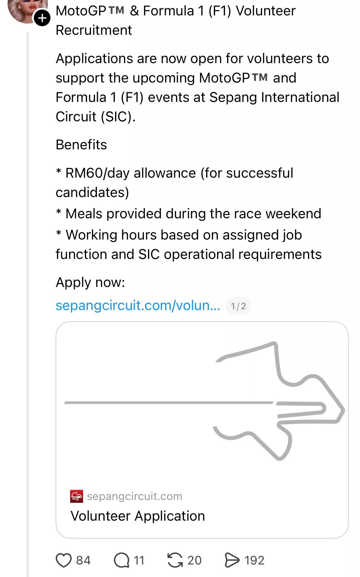 Formula 1 Kembali Ke Malaysia, Bayaran Sukarelawan RM60 Sehari Curi Perhatian