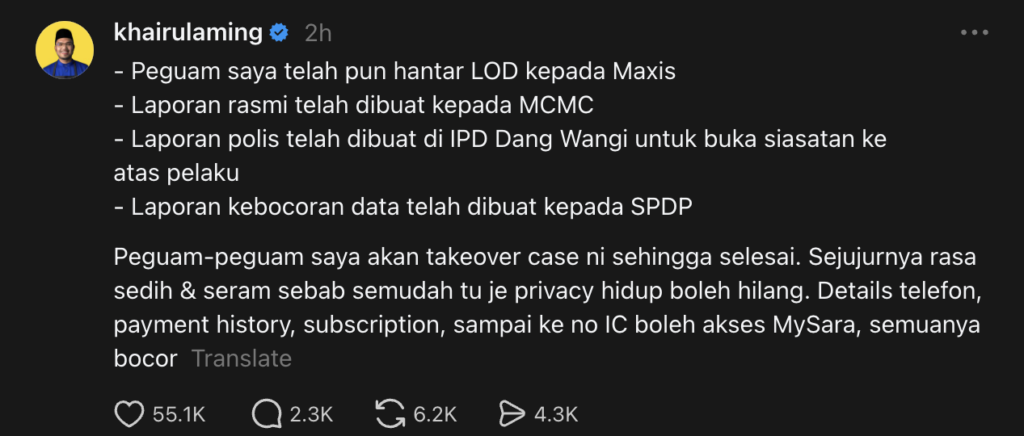 Khairul Aming Ambil Tindakan Undang-Undang, Peguam Sudah Hantar LOD Kepada Maxis