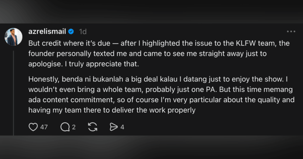 Azrel Ismail Hargai Tindakan Profesional Founder KLFW Mohon Maaf Selepas Isu Team Kena ‘Halau’
