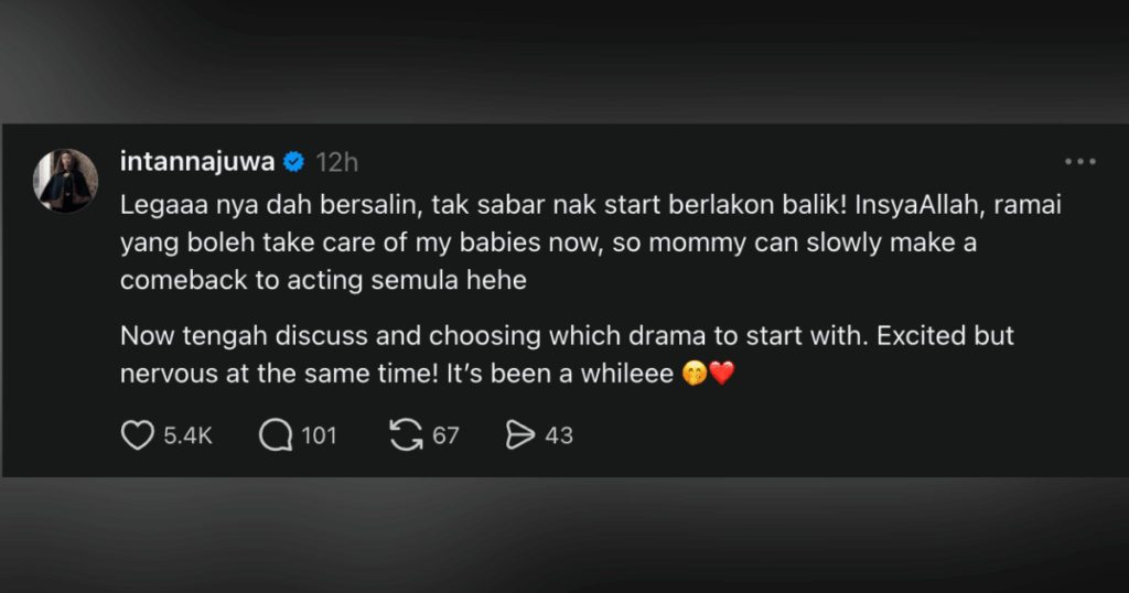 Dah Lama Tinggalkan Set, Intan Najuwa Akui Nervous Nak Kembali Berlakon Selepas Bersalin 4 Dah Lama Tinggalkan Set, Intan Najuwa Akui Nervous Nak Kembali Berlakon Selepas Bersalin