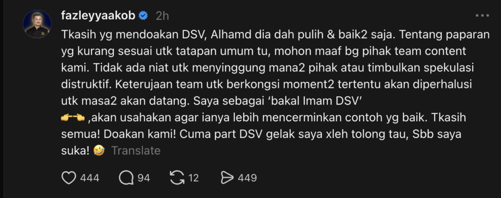 “Saya Sebagai ‘Bakal Imam DSV’...” – Dato’ Fazley Yaakob Mohon Maaf, Akui Ada Paparan Kurang Sesuai 5 “Saya Sebagai ‘Bakal Imam DSV’...” – Dato’ Fazley Yaakob Mohon Maaf, Akui Ada Paparan Kurang Sesuai