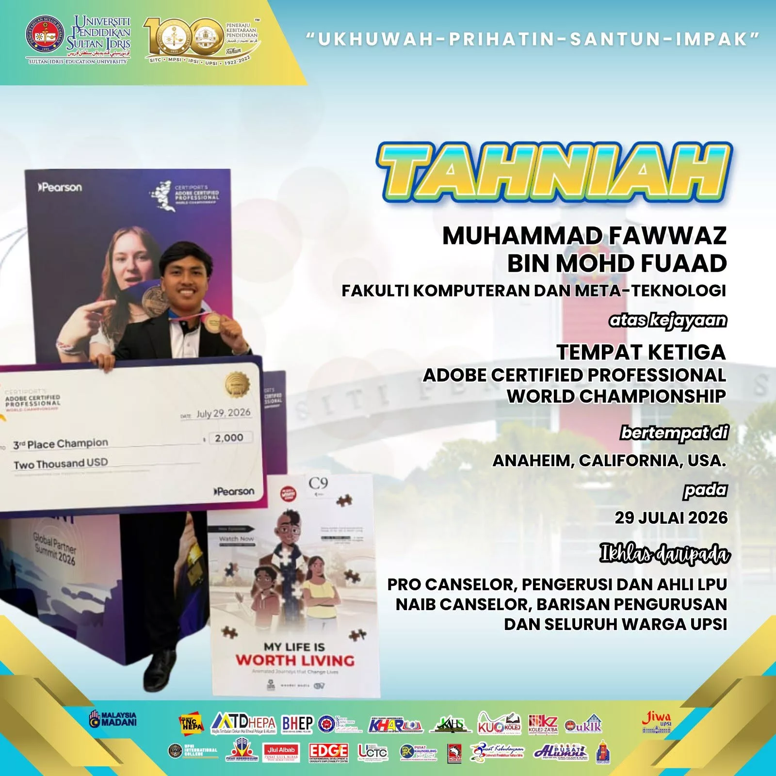 Muhammad Fawwaz Haiqal Harumkan Nama UPSI, Raih Tempat Ketiga Di Kejohanan Dunia Adobe ACP 2026