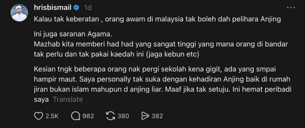 PU Riz Cadang Orang Awam Tidak Pelihara Anjing, Isu Keselamatan Jadi Perhatian