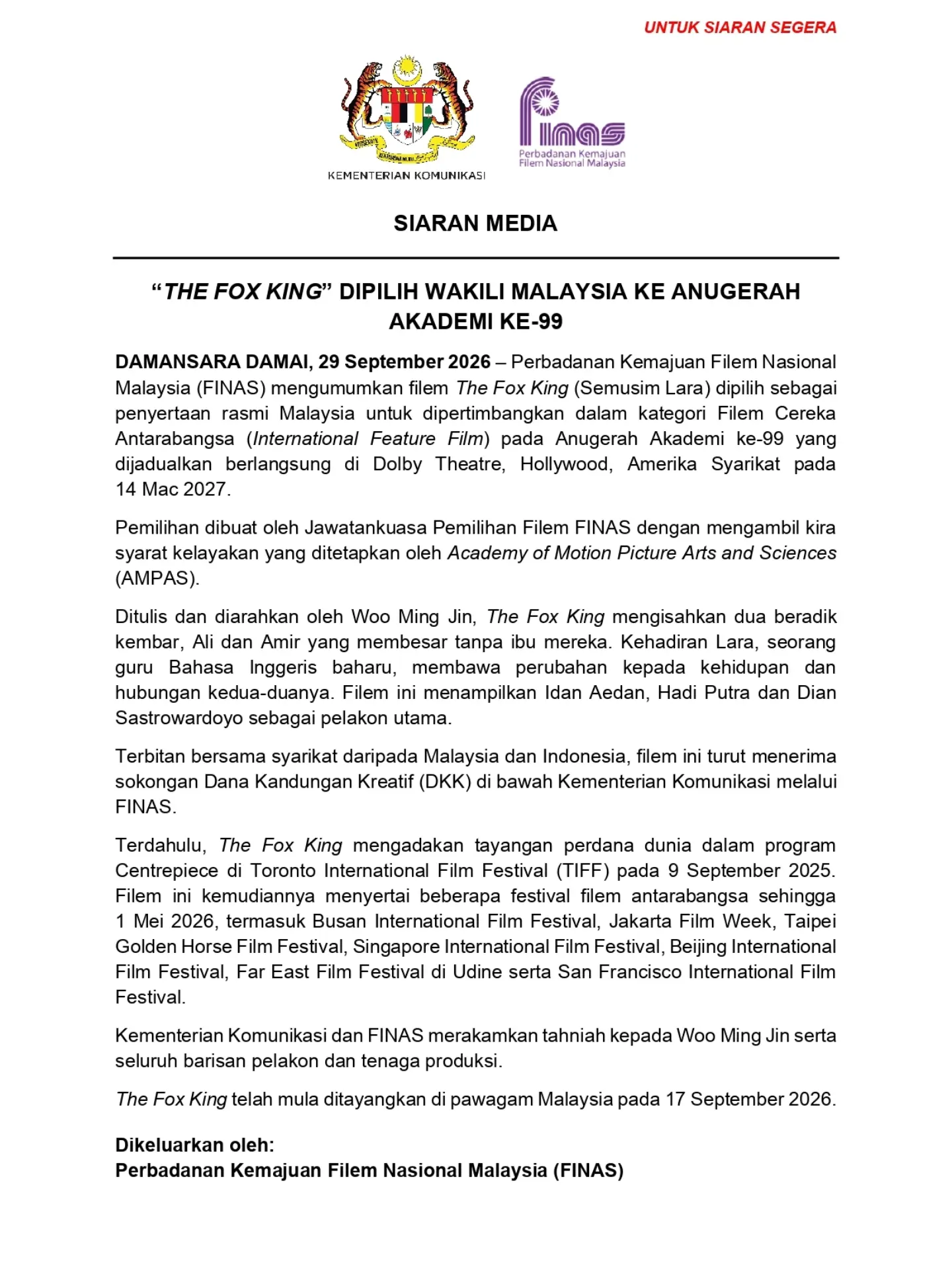 Karya Woo Ming Jin, ‘The Fox King’ Dipilih Wakili Malaysia Ke Oscars Ke-99